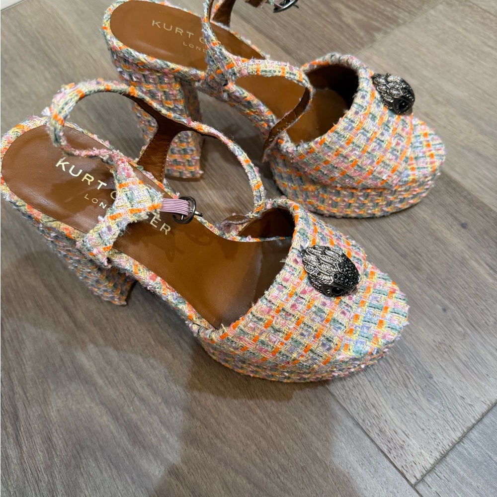 Kurt Geiger Pastel Tweed Platform Sandals with Metallic Crest